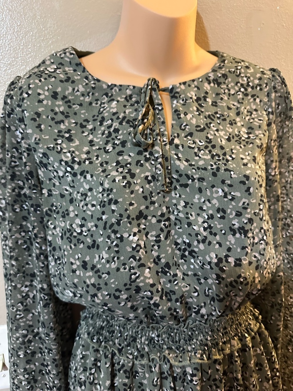Sadie & Sage Olive Green Cheetah Print Smocked-Waist Long Sleeve Dress - Picture 4 of 10